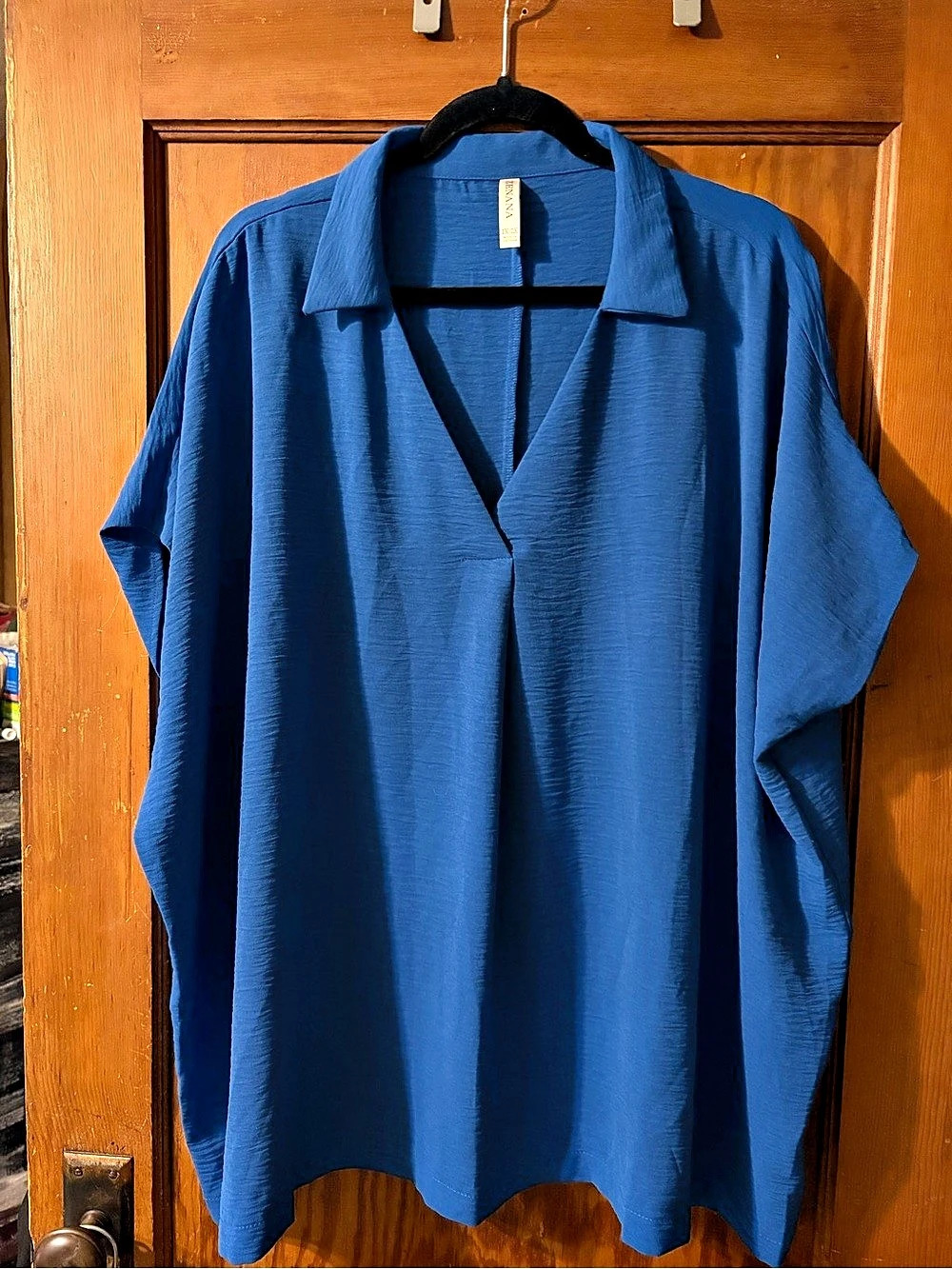 Zenana Woven Airflow Collared V-Neck Top Blue 1X/2X